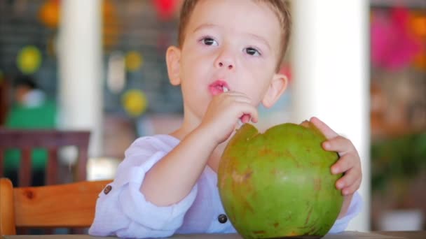 かわいい子供は、ストロー、クローズアップココナッツトラフを飲みます。.コンセプト:子供、幸せな子供時代、夏、赤ちゃん、休暇. — ストック動画