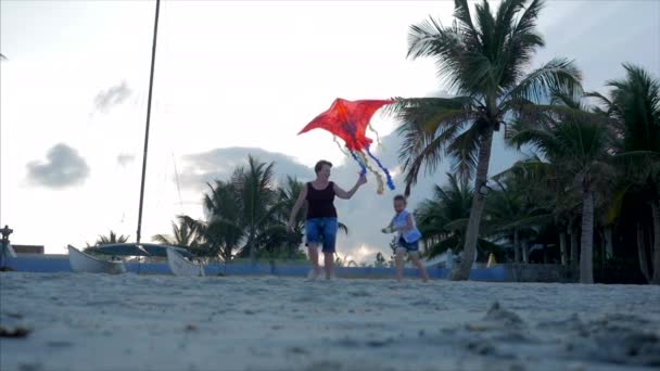 Glückliche Großmutter mit Kind den spielenden Drachen, die Familie läuft auf dem Sand eines tropischen Ozeans und spielt mit dem älteren Drachen. Konzept einer glücklichen und unbeschwerten Kindheit. — Stockvideo