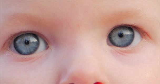Close-Up al rallentatore girato di cinque mesi Baby Girl seduta all'aperto in un passeggino a guardare la fotocamera. Guarda il bambino nella telecamera da vicino. Concetto di Infanzia, bambino, bambini . — Video Stock
