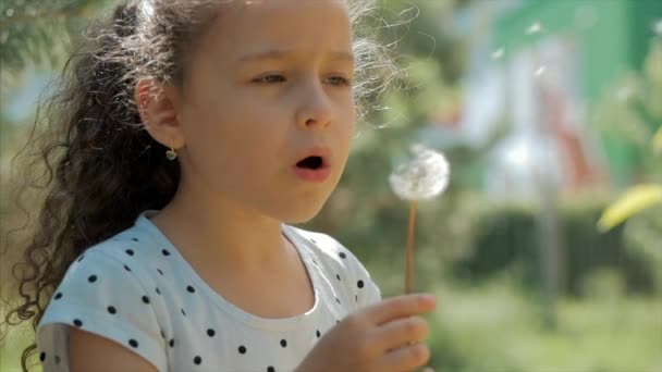 Slow Motion Close-Up Shot of Cute Little Girl Carefree Blowing a Dandelion Outdoors on a Sunset. Conceito de Infância Feliz e Despreocupada . — Vídeo de Stock