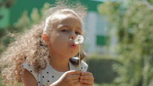 Slow Motion Close-Up Shot of Cute Little Girl Carefree Blowing a Dandelion Outdoors on a Sunset. Concept of Happy Carefree Childhood. — Stock Video