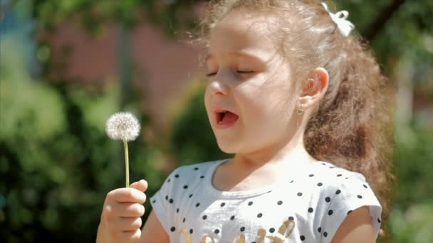 Slow Motion zbliżenie strzał Cute Little Girl beztroski dmuchanie mniszka na zewnątrz na zachód słońca. Koncepcja szczęśliwego Beztrowolnego dzieciństwa. — Wideo stockowe