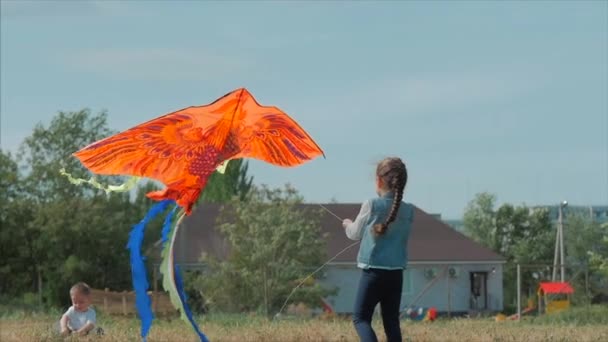 Achteraanzicht kinderen spelen met een vlieger, een klein meisje en een jongen laat een vliegende slang in de weide. Gelukkige en zorgeloze jeugd. — Stockvideo