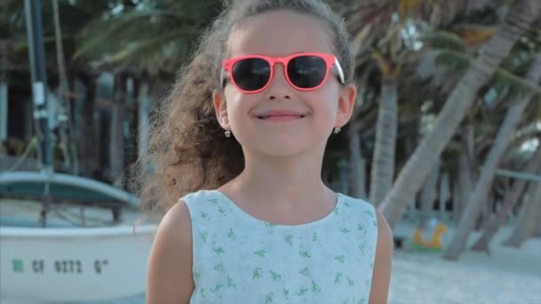 Close-up Portrait of a Beautiful Little Girl in Pink Glasses, Cute Smiling, Looking at the Camera. Concept: Children, Childhood, Summer, Baby Girl. — Stock Video