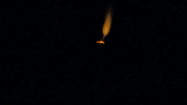 Fire of a Wooden Match in Complete Darkness, Disappears from the Flame on a Black Background, Lighting and Burning Until the End and Finally (en inglés). El partido se enciende, se quema y se apaga. Enfoque suave . — Vídeo de stock