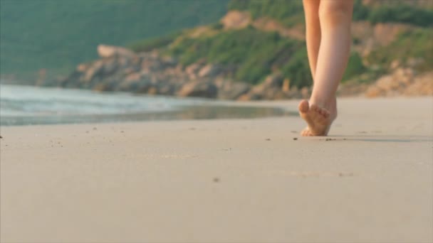 Silhuett av barnens fötter går på våt sand i längs en tropisk strand på en tropisk Ocean bakgrund. Koncept: barn, lycklig barndom, sommar, barn, semester. Mjukt fokus. — Stockvideo