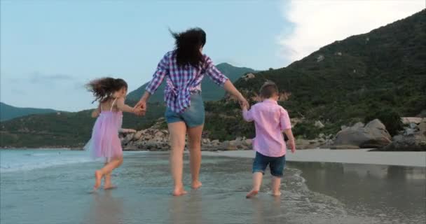 Genç aile, anne ve çocuk sahil boyunca yürüyor. Mutlu aile deniz kıyısında yürüyüş. — Stok video