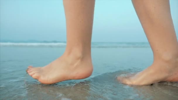 Сцена женщины, прогуливающейся по океанскому пляжу на закате. Закрытие женских ног европейской брюнеткой, прогулка по пляжу, медленное движение . — стоковое видео
