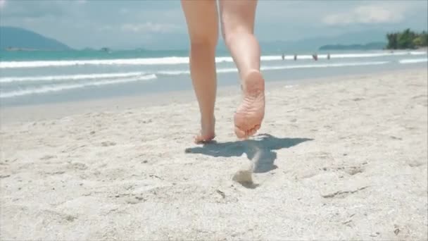 На тропічному пляжі Красива сцена жінки, що ходить по океанському пляжу на заході сонця. Крупним планом жіночих ніг Європейський красива брюнетка, гуляючи по пляжу, повільний рух. — стокове відео