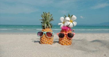 Tropikal Egzotik Sahil boyunca Sıcak Yaz Güneşi Altında Bir Tropikal Plaj Close-Up kum tropikal meyve ayakta. Konsept Yaz Arka Planı.