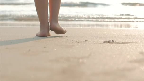 Çocuk Silueti Tropik okyanus arka plan üzerinde tropikal bir plaj boyunca ıslak kum üzerinde yürüyen Feet. Konsept: Çocuk, Mutlu Çocukluk, Yaz, Çocuk, Tatil. Yumuşak odaklama. — Stok video