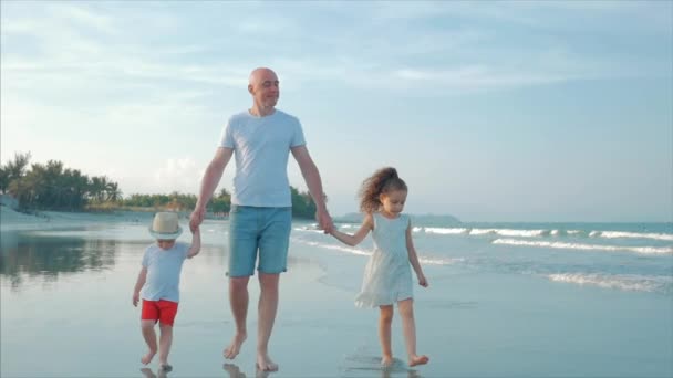 シルエット幸せな父と娘と息子が遊んで、夕暮れ時にビーチで楽しんでいます。スローモーション。ハッピーファミリー子供時代の自由と旅行の概念. — ストック動画