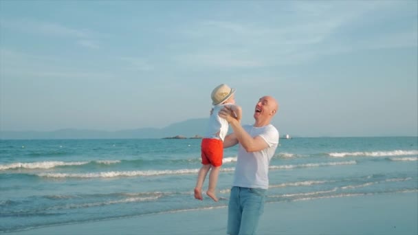 シルエット幸せな父と息子が遊んで、夕暮れ時にビーチで楽しんでいます。スローモーション。ハッピーファミリー子供時代の自由と旅行の概念. — ストック動画