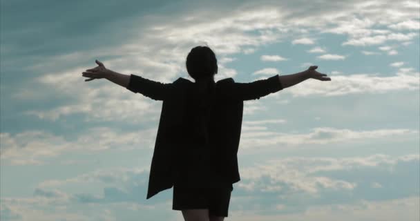 Young Business Woman Looking at the sky at Sunset , Successful Girl Thinking About Life in Nature, Enjoying the Landscape Nature Background Enjoying the Freedom, Leisure Travel. — Stock Video