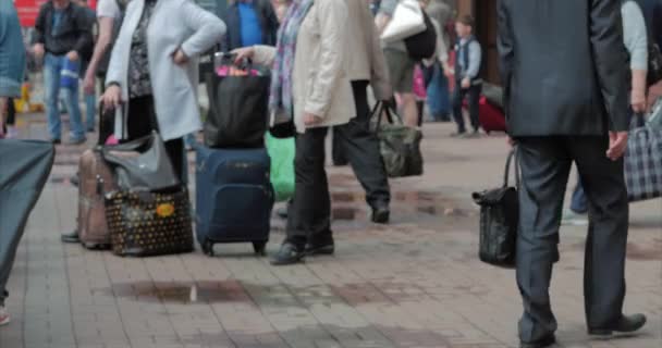 Menigte van mensen lopen in verschillende richtingen met bagage, veel mensen met tassen en grote koffers rush naar de trein in de middag. — Stockvideo