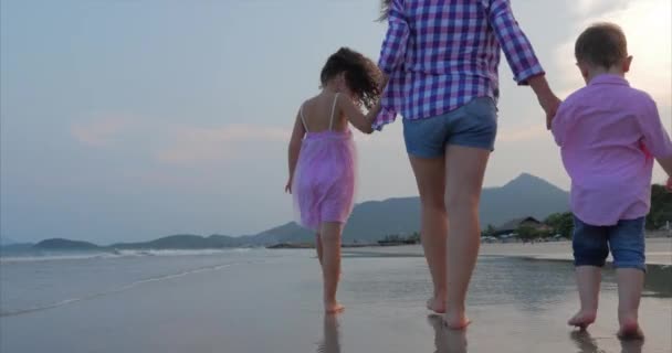 Jong gezin, moeder en kinderen lopen langs de kust. Lopen aan zee en gelukkige familie. — Stockvideo