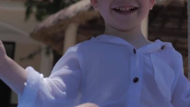 Passeio de criança feliz em um balanço. Infância feliz, férias de verão. Happy Little Boy sorrindo cavalgando no balanço . — Vídeo de Stock