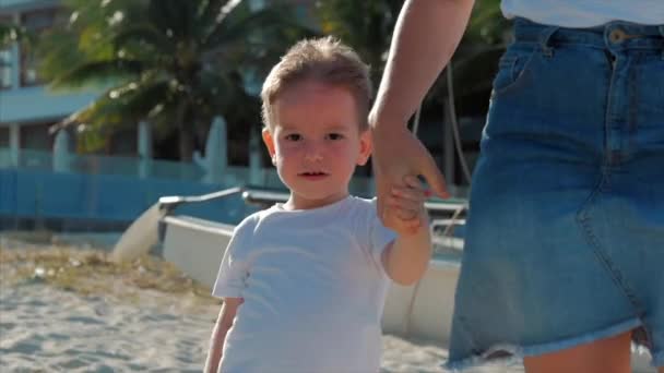 Jovens família, mãe e criança estão caminhando ao longo da costa. Família feliz andando na costa do mar . — Vídeo de Stock