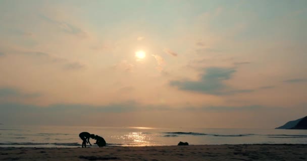 Junges Paar blickt in die Sonne, gegen den Sonnenuntergang, hält Händchen, geht ans Meer, ein romantisches Konzept auf tropischem Hintergrund. — Stockvideo