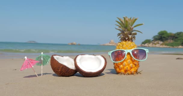 Op een tropisch strand close-up van fruit in zonnebrillen onder de hete zomer zon langs de tropische exotische kust, ananas in zonnebrillen op de achtergrond van de Oceaan. Concept actueel, zomer, feest, vakantie. — Stockvideo