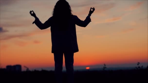 Jonge vrouw kijken naar de hemel bij zonsondergang, succesvolle meisje denken over het leven in de natuur, genieten van de landschap natuur achtergrond genieten van de vrijheid, vakantie reizen. — Stockvideo