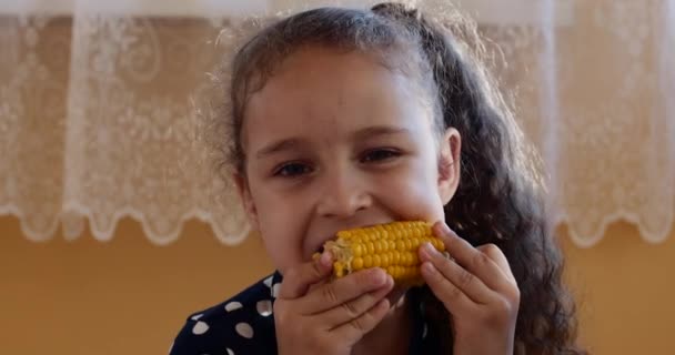 Petite fille mignonne profitant de délicieux maïs par une chaude journée d'été. Enfant mange du maïs bouilli à la maison en regardant la caméra . — Video