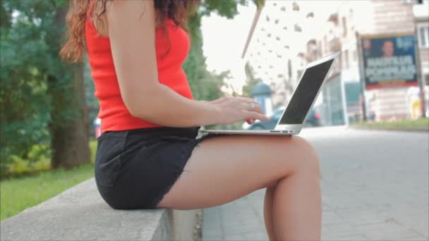 Mujer trabajando en el ordenador portátil, atractiva morena en pantalones cortos negros con un trabajo de ordenador portátil en el parque, chica imprime en su ordenador en el aire libre . — Vídeos de Stock