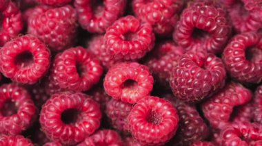 Yakın Rotasyon Loopable Berry. Taze, Sulu Ahududu Arka Plan, Olgun. Makro Kırmızı Ahududu Meyve. Gıda Dackground olarak Taze Ahududu Meyveler. Sağlıklı Gıda Organik Beslenme.