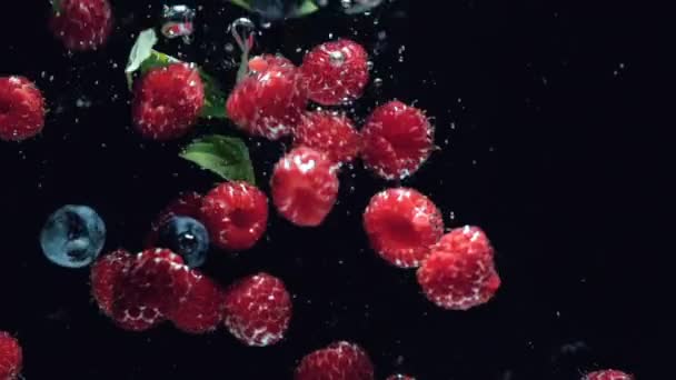 Färska hallon med blåbär och färska myntablad faller på en svart bakgrund i vattnet, stänk på en svart bakgrund. Släpp färsk frukt och bär i vattnet. Hälsosam kost, långsam — Stockvideo