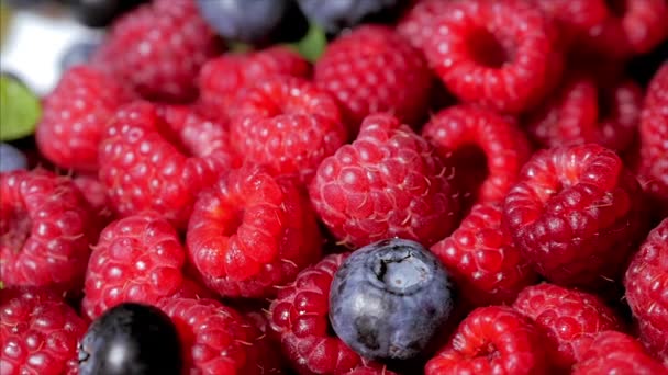 特写旋转可循环树莓。新鲜,多汁的树莓背景,成熟。宏红树莓水果。新鲜树莓水果作为食物达克地面。健康食品有机营养. — 图库视频影像