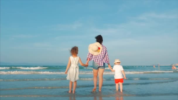 ビーチに立ち、夕暮れ時の海を眺めながら幸せな家族のシルエット。ビーチを歩く子供たちと幸せなママ。旅行のコンセプトファミリー. — ストック動画