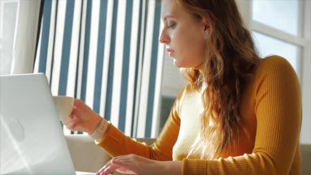 Mooie zonnige dag jonge vrouw drinkt 's morgens koffie in een cafe, het maken van Online een aankoop Gemakkelijke betaling op het internet met behulp van een mobiele telefoon of laptop. — Stockvideo