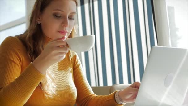 Bella Sunny Day Giovane donna beve caffè del mattino in un caffè, rendendo online un acquisto facile pagamento su Internet utilizzando un telefono cellulare o un computer portatile . — Video Stock