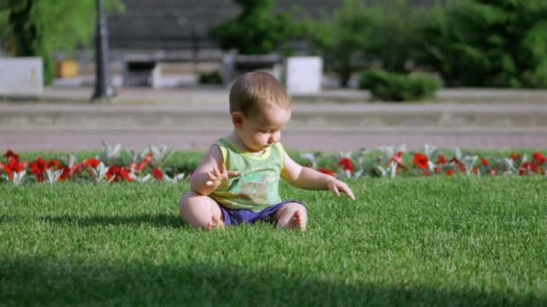 Lindo bebé que se arrastra lentamente en el prado o hierba verde. Un mundo de niños pequeños. En cámara lenta. 4K . — Vídeo de stock