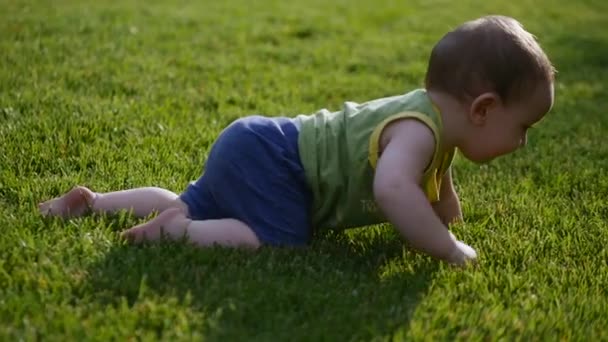 Schattig klein baby kruipend langzaam op weide of groen gras. Een kleine kinderwereld. Langzame beweging. 4k. — Stockvideo