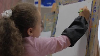 Sanatçının Genç Elleri, Küçük Kız Sanatçı Fırça ile Bir Tablo Boyar, Tablo Oturur ve Tablo Çizer. Çizim Süreci: Sanatçılar Stüdyosunda El Kızı Tabloda Çiziyor.