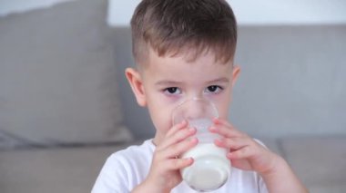 Evdeki kanepede oturup süt içen tatlı bebek. Yavaş çekim su içen küçük çocuk. Yakın plan. Komik küçük çocuk bir bardak su içiyor..