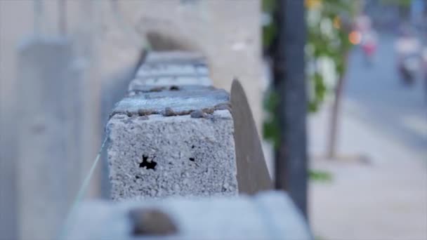 Cerca de tiro en las manos albañiles, trabajador voluntario masculino pone ladrillo en la pared con cemento usando paleta, constructor hombre pone los ladrillos, utilizando una cuerda estirada para un nivel uniforme de materiales de mampostería . — Vídeos de Stock