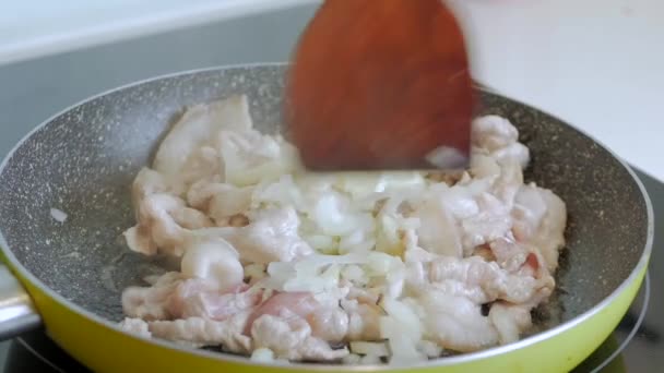 Close-up de carne frita em uma frigideira uma mão de mulheres com uma espátula de madeira mistura carne e anéis de cebola em uma frigideira aquecida no forno em casa em sua cozinha. — Vídeo de Stock