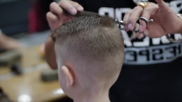 Дитяча стрижка в салоні, маленький хлопчик отримує стрижку в перукарні. Дитячий стиль. Стиліст в масці ковадла-19 робить стильну зачіску . — стокове відео