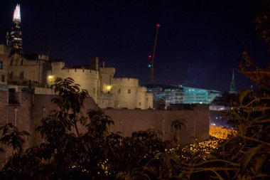 Birinci Dünya Savaşı'nın Sonunu İşaretlemek için Londra Kulesi'ndeki yüzüncü yıl anıtının Gece Manzarası, Alev, Meşaleler, Mumlar, Şehitleri Hatırlamak, Arka Planda Shard