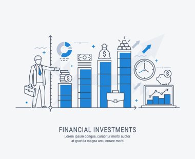 Düz çizgi-roman Illustration finansal yatırım, Pazar araştırması, analiz, planlama, işletme yönetimi, strateji, iş başarısı. Konsept web afiş ve basılı malzemeleri için.