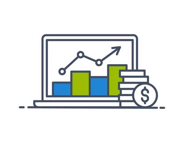 Inversiones Datos Ganancias Pantalla Portátil Con Análisis Datos Monedas Estilo — Vector de stock