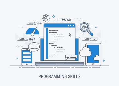 Programlama ve becerileri kodlama. Geliştirme ve hata ayıklama. Düz modern çizgi-sanat vektör çizim.