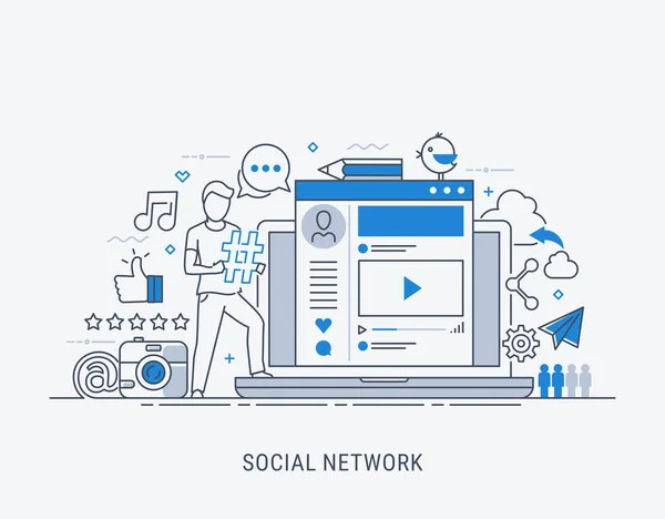 Computer Global Networks Social Media Concept Flat Modern Line Art — Stock Vector