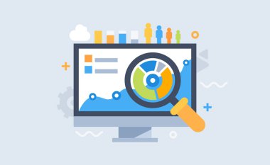 Analiz web sitesi afişi için modern düz tasarım. İş analizi, piyasa araştırması, ürün testi, veri analizi için vektör illüstrasyon kavramı.