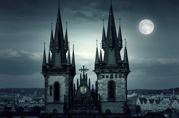 Nuit Incroyable Prague Lune Sur Tyn Church Ville — Photo