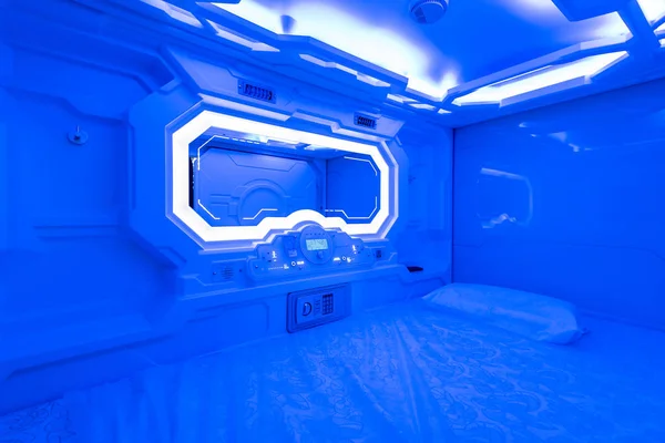 Interior of a modern Capsule hotel in Japan, Capsule bedroom