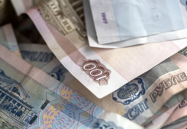 Detailní Detail Některých Ruských Bankovek 100 Rubles Jako Pozadí — Stock fotografie