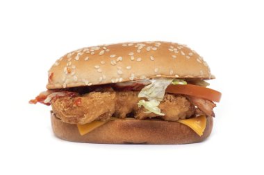 Beyaz arka planda izole fast Food gibi yağ et ve peynir ile lezzetli hamburger değil